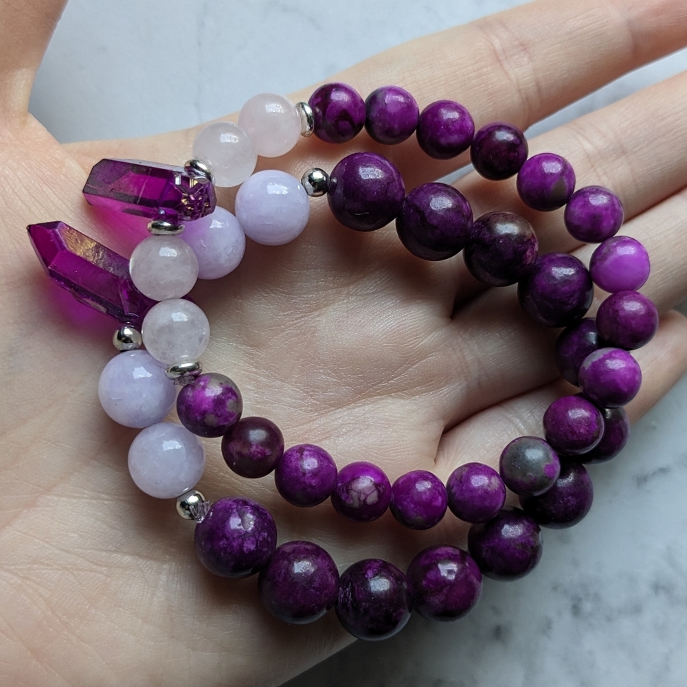 Sugalite Rose Quartz Crystal Stone bead bracelet - Picture 8 of 9